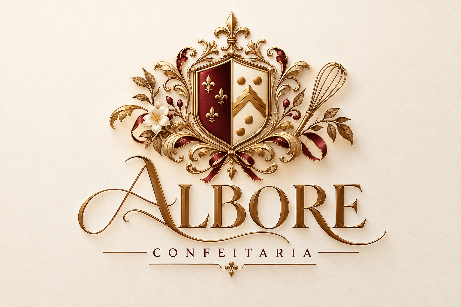 Logo da Albore Confeitaria, com brasão, flores e detalhes dourados